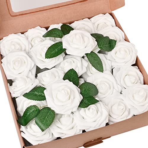 HappyHapi 50Pcs Artificial Flowers Roses Bulk White Foam Fake Roses with Stems for Wedding, Bridal Shower Decorations Fake Flowers Centerpieces Tables Decorations - White