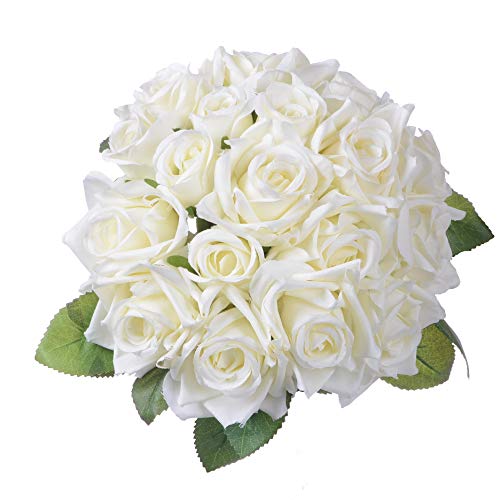 Artiflr Artificial Flowers Rose Bouquet 2 Pack Fake Flowers Silk Plastic Artificial White Roses 18 Heads Bridal Wedding Bouquet for Home Garden Party Wedding Decoration (White) - White-01