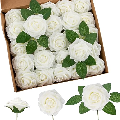SPORTYOUTH Artificial Flowers 25Pcs Ivory White Roses Bulk with Stems, Real Look Foam Fake Rose for DIY Wedding Bouquet Cake Table Centerpiece Arrangement Baby Bridal Shower Party Home Decoration - 25Pcs - Ivory White
