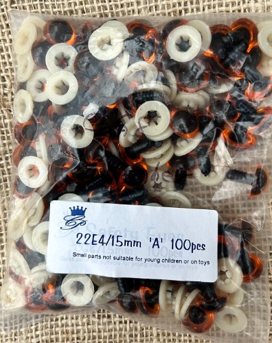 PACK OF BROWN TOY EYES WITH WASHERS.  100 PIECES.  15mm.