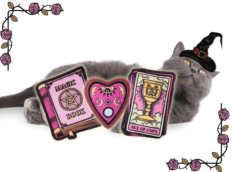 Cat Toys, Catnip Cat Toys, Witchy Cat Toys, Felt Cat Kicker Pillow Toy, Set Of 3 Goth Cat Toys, Tarot Card, Magic Spell Book & Planchette