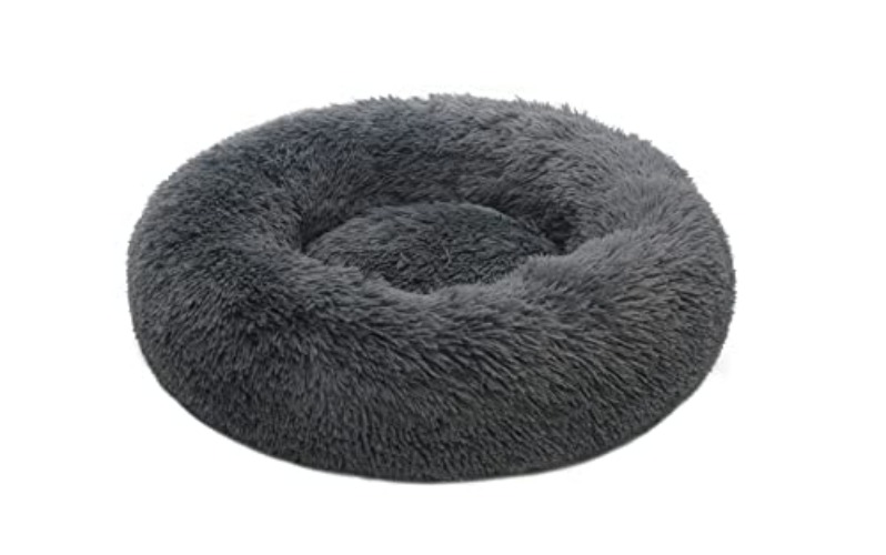 TOHDNC Calming Donut Dog Bed 60cm, Fluffy Plush Pet Bed Anti Anxiety Dog Cat Bed Round Warming Cuddler Washable Bed Nest Cushion with Non-Slip Bottom for Indoor Medium Large Cats Dogs - L-Dark Grey