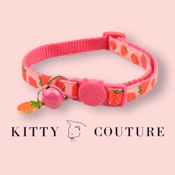 Sassy Strawberry red fabric cat/kitten collar! Strawberry print with cute fruit charm and bell! - Adjustable with a safety breakaway clasp