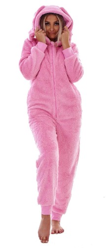 Keanu Womens Thick Snuggle Hooded Onesie - Luxury Warm Fleece Novelty Onesie with Pom Poms - Rose Gold, Snow Grey & Black - Sizes 8-20