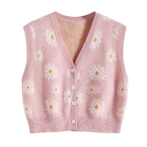 Cute Pink Daisy Sweater Vest Women 