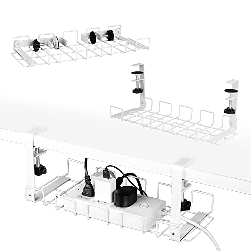 Under Desk Cable Management Tray 2 Packs, 40cm Upgraded Under Desk Cord Organizer for Wire Management Metal Wire Cable Holder for Desks, Offices, and Kitchens (White) - White