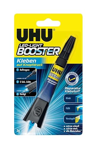 UHU LED-Light Booster, Kleben auf Knopfdruck - lichtaktivierter Reparatur-Klebstoff, 3 g - Hängeschachtel mit 3g Tube