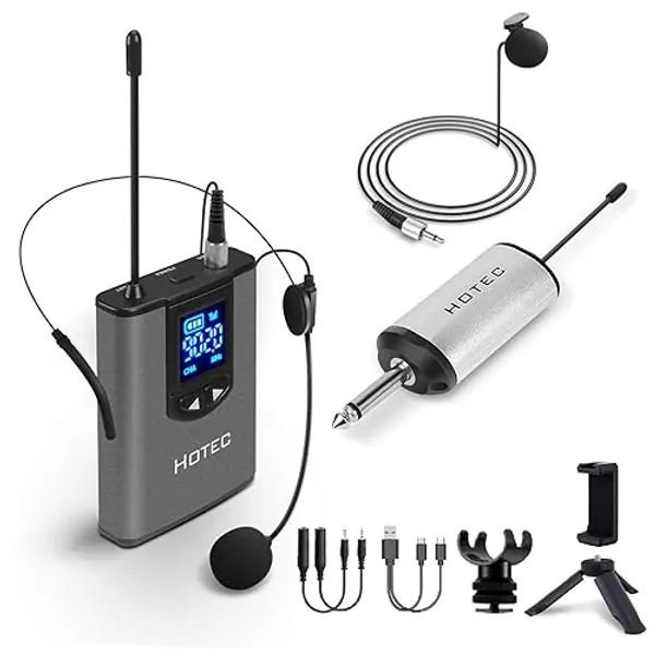 Hotec UHF Kabelloses Headset Mikrofon/Lavalier-Mikrofon mit Bodypack-Transmitter und Mini-Empfänger 6,35 mm Ausgang, für Live-Auftritte, unterstützt Telefon - silver U05