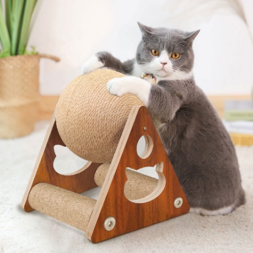 AGYM Cat Scratcher Toy, Natural Sisal Cat Scratching Ball, Cat Scratcher Toy with Ball, Scratching Ball for Cats and Kittens, Interactive Solid Wood Scratcher Pet Toy - Medium