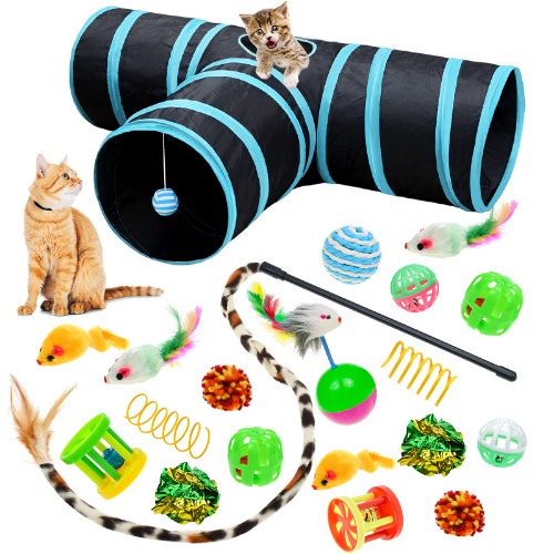 Malier Cat Toys Kitten Toys Set, Collapsible Cat Tunnels for Indoor Cats, Interactive Cat Feather Toy Fluffy Mouse Crinkle Balls Cat 3 Way Tube Tunnel Toys Kitty Toys for Cat Puppy Kitty Kitten