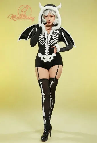 Sexy Lingerie Skeleton Bodysuit Gothic Skull Style Romper and Wings with Thigh Socks and Garters