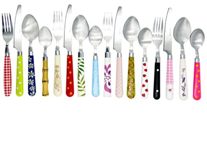 The Original Brink House Eclectic Mosaic Mix & Match Stainless Steel Cutlery Set with Multicolored Handles / 16 pieces with Metal Stand/Lifestyle utensils for home, apartment, dorm, outdoor events - Eclectic Collection - Service for 4 (16 pcs)
