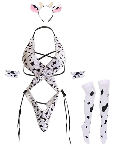 Womens Anime Cow Cosplay Milk Leopard Costume Lolita Kawaii Bikini Bodysuit Lingerie Panty Set White Stocking - Type 1