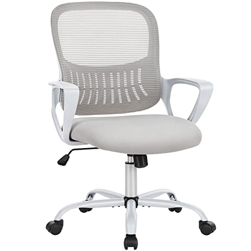 SMUG Office Chair Mid Back Desk Chair1 Ergonomic Mesh Computer Gaming with Larger Seat, Executive Height Adjustable Swivel Task with Lumbar Support Armrest for Women Adults, Grey - Grey - Modern