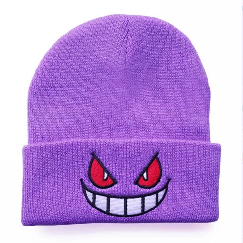 Gengar Pokemon Inspired  Embroidered Knitted Beanie - PURPLE