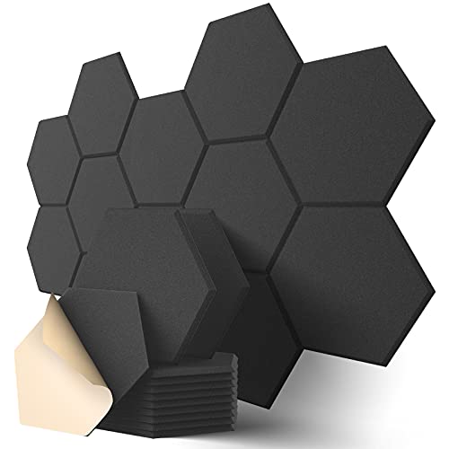 Dailycooper 12 Pack Self-adhesive Acoustic Panels 12" X 10" X 0.4" - Sound Proof Foam Panels with High Density, Stylish Hexagonal Design, Flame Resistant, Absorb Noise and Eliminate Echoes(Black) - Basic Hexagon 12 Pack - Black