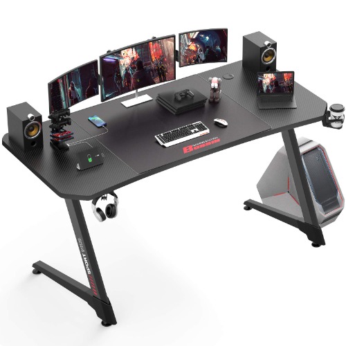 VITESSE Gaming Desk 63 Inch, Ergonomic Gamer Computer Desk with Mouse Pad, PC Gaming Tables with Gaming Handle Rack, Cup Holder Headphone Hook - 63 inch Carbon Fiber Black