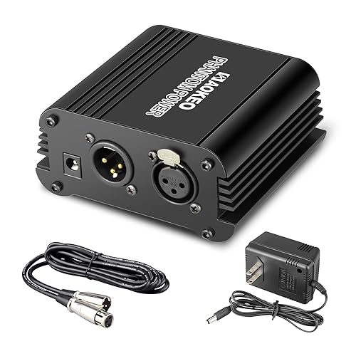 Aokeo 1-Channel 48V Phantom Power Supply with Adapter, Bonus+XLR 3 Pin Microphone Cable for Any Condenser Microphone Music Recording Equipment - With Adapter
