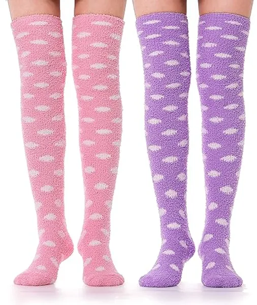 MOGGEI Womens Thigh High Fuzzy Socks Over Knee High Long Striped Stocking Fluffy Cozy Slipper Fleece Gift Socks 2 Pairs
