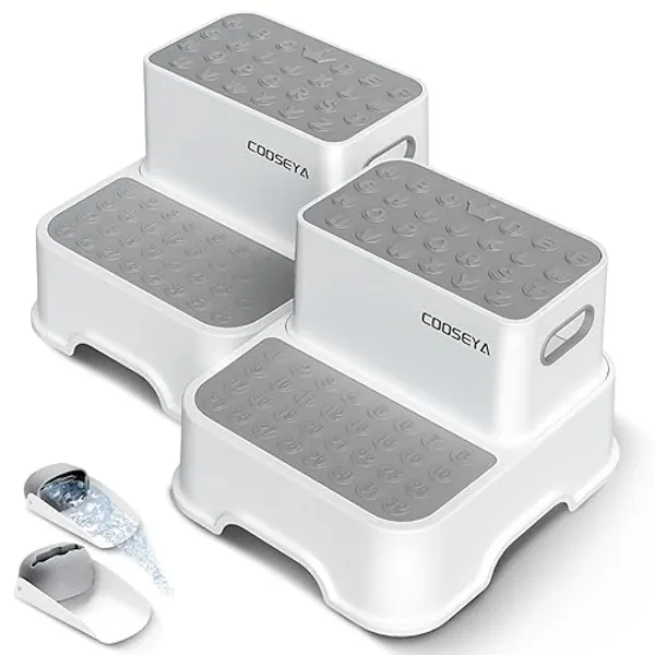 COOSEYA 2 Step Stools for Kids,Toddler Step Stool for Bathroom Sink,No-Slip Double up Step Stool for Toddlers Bathroom, Multifunctional Toilet Step Stool for Kids,Toilet Potty Training(2 Packs) - Gray