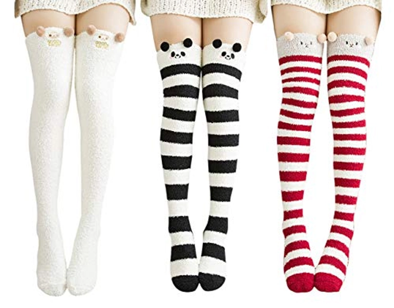 Wander G Womens Over Knee High Fuzzy Socks Cute Cartoon Thigh High Stockings Warm Stripe Leg Warmers