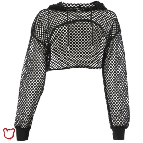 "Black Grunge Fishnet Hooded Crop Top" - Black / S