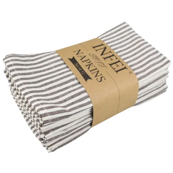 Plain Striped Linen Cotton Dinner Cloth Napkins - Set of 12 