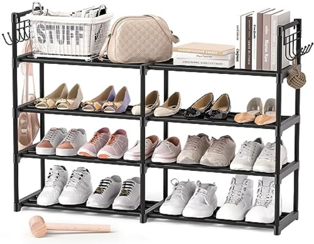 4-Tier Shoe Rack, Black Metal Shoe Racks, Stackable Shoe Shelf with Multifunctional Hooks, Hold 20 Pairs, Space Saving Shoe Rack, Shoes Rack for Closet,Show Rack - 4-2 Tier