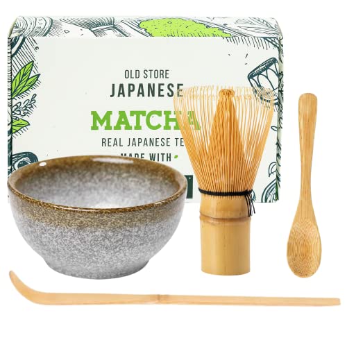 KAISHANE Matcha Whisk Set 4Pieces with 100 Prong Whisk Traditional Scoop, Tea Spoon and Matcha Bowl - Style1