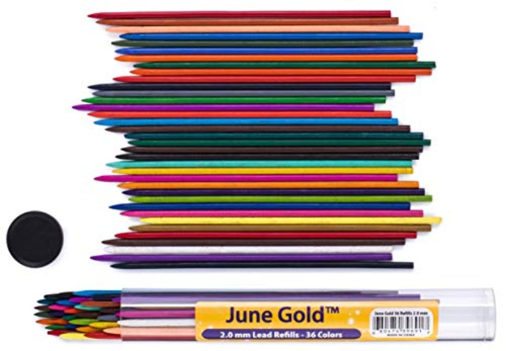 June Gold 36 Assorted Colored 2.0 mm Lead Refills, Bold & 90 mm Length, 36 Unique Colors, Pre-Sharpened, Break & Smudge Resistant - Assorted - 2.0 mm