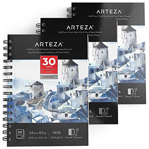 Arteza Watercolor Paper Pad Expert, Watercolor Sketchbook 5.5x8.5 Inch, Pack of 3, 30 Sheets Each, Spiral Bound, 140lb/300gsm Cold Pressed Acid Free Painting Paper for Dry & Mixed Media - White Expert