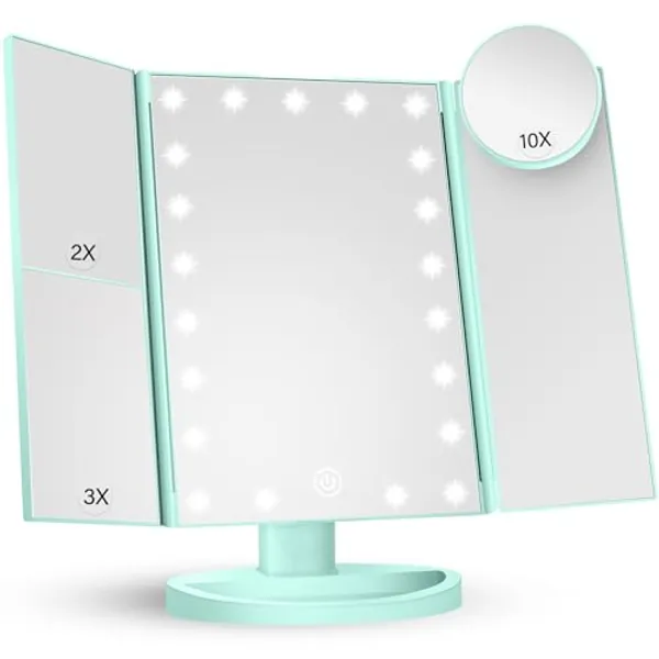 HUONUL Makeup Mirror Vanity with Lights, 2X 3X 10X Magnification, Lighted Mirror, Touch Control, Trifold Dual Power Supply, Portable LED Women Gift (Green)