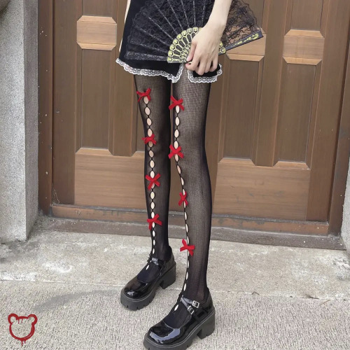 Lace Mesh Tights: Red Bows & Holes / One Size