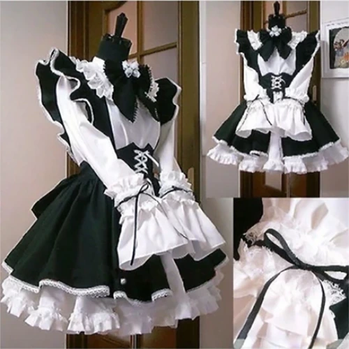 Traje de Mucama Lolita para mujer, disfraz erótico Kawaii café, bonito, blanco y negro, delantal para hombre, Mucama con lazo - AliExpress 