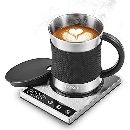 COSORI Coffee Mug Warmer & Mug Set, Beverage Cup Warmer for Desk Home Office Use, Coffee gifts, Electric 24 Watt, Touch Tech & LCD Digital Display, 304 Stainless Steel, 17 oz, Mug lid - Coffee Mug Warmer & Mug Set