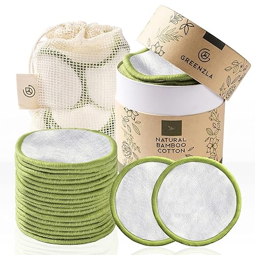 Greenzla Reusable Makeup Remover Pads, Washable Bamboo Cotton Rounds with Mesh Laundry Bag, Travel Pouch, Pad Holder - Reusable Cotton Rounds for All Skin Types - Perfect for Face Care, 20 Pack - 20 Count (Pack of 1)