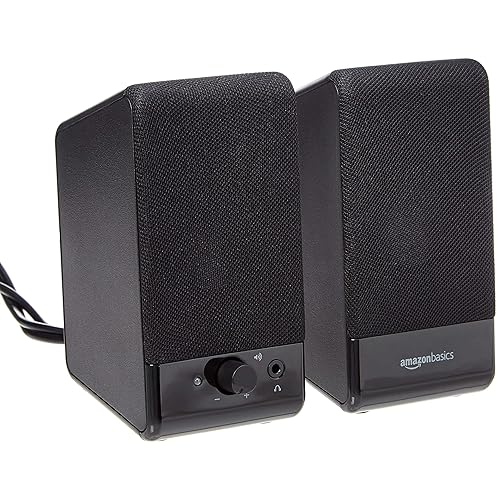 Amazon Basics USB-Powered Computer Speakers for Desktop or Laptop PC with Volume Control, Plug-N-Play, Black - 1-Pack - USB