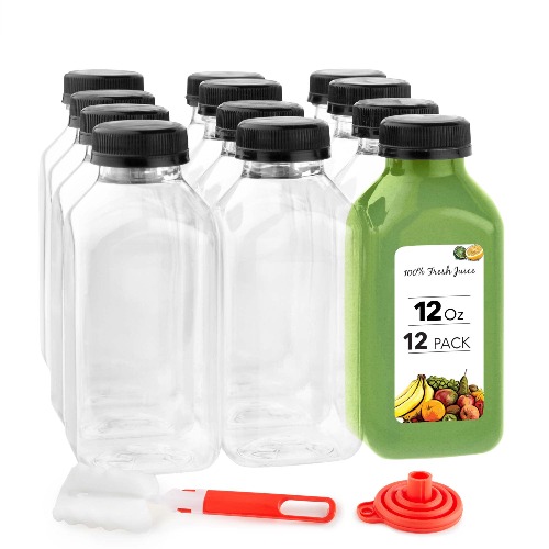 12 oz Juice Bottles with Caps for Juicing (12 pack) - Reusable Clear Empty Plastic Bottles - 12 Oz Drink Containers for Mini Fridge, Juicer Shots - Mini Water Bottles - Includes Labels, Brush & Funnel - 12 Ounce (12 Pack) Black Cap