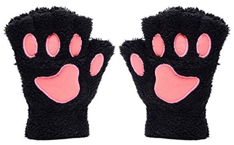 Odema Womens Bear Plush Cat Paw Claw Glove Soft Winter Fingerless Mitten Gloves - Black