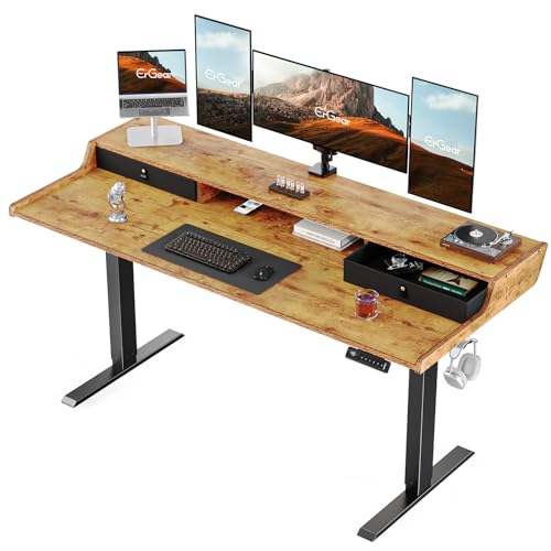 ErGear Electric Standing Desk with Drawers, 63″ x 28″ Gaming Desk with Monitor Stand, C-Clamp Mount Compatible, Home Office Height-Adjustable Desk with Storage Shelf, 4 Preset Heights, Vintage Brown - Vintage Brown - 63*28