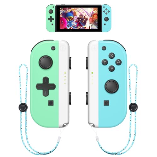 Wireless Joy Con Compatible for Nintendo Switch/OLED/Lite, Switch Joycon Support Wake-up Function and 6-Axis Gyro with Grip and Straps (Blue and Green) - Blue and Green