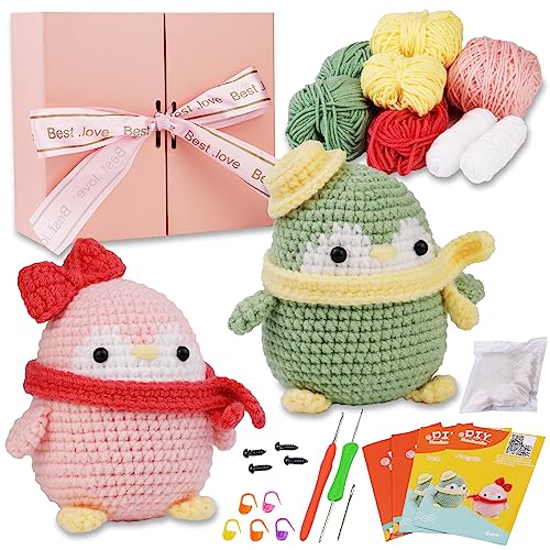 Crochet Starter Kit, Crochet Kit for Beginners Including Crochet Hooks, Yarn Balls, Needles, Instructions, Gift Box, Crochet Starter Kit for Beginners and Professionals (Cute Penguin) - Penguin Green and Pink