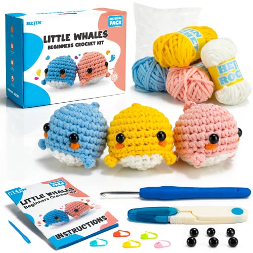 Beginner Crochet Kit, Crochet Kits for Kids and Adults, 3PCS Crochet Animal Kit for Beginners Include Videos Tutorials, Yarn, Eyes, Stuffing, Crochet Hook - Boys and Girls Birthdays Gift - A-Whale