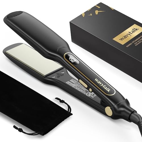 Hair Straightener, Wavytalk 1.75" Flat Iron 100% Titanium Floating Plates Professional Straightener for Long & Thick Hair with Digital LCD Display Dual Voltage Hair Straightener Instant Heating, Black - Black