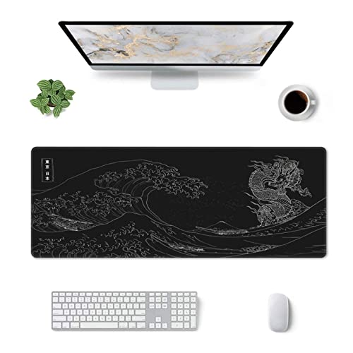 Japanese Anime Black and White Sea Wave Dragon Mouse Pad XL Extended Large Gaming Desk Mat 31.5 x 11.8 Inch with Non-Slip Base and Stitched Edge Long for Home Office - Black and White Wave Dragon