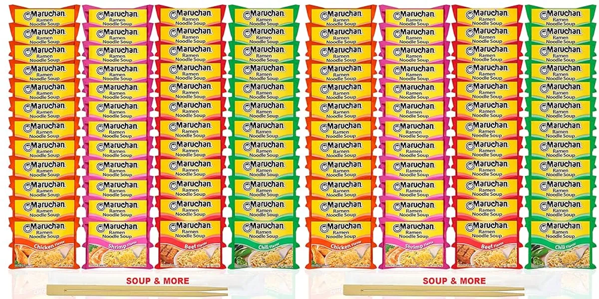 Maruchan Ramen Instant Soup 96 Count Noodles Packs- 24 Chicken, 24 Shrimp, 24 Beef & 24 Chili Flavors Lunch/Dinner Variety, 4 Flavors