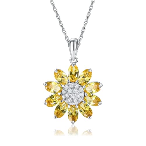 RANDES Dainty Sunflower Necklace 925 Sterling Silver White Gold Plated Leaf Clover Pendant Necklaces for Women Teen Girls Fashion Jewelry - a.11. November/created citrine-sunflower