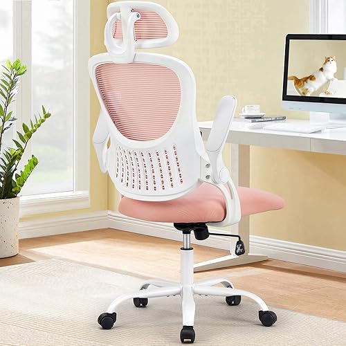 Sweetcrispy Office Computer Desk Chair, Ergonomic High-Back Mesh Rolling Work Chairs with Wheels and Adjustable Headrests, Comfortable Lumbar Support, Comfy Flip-up Arms for Home,Bedroom,Study, Pink - Flip-up Armrest - Pink