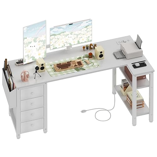 Lufeiya White L Shaped Desk with Drawers & Storage Shelves, 55 Inch Corner Computer Desk with Power Outlet for Home Office Bedroom, L-Shaped Teen PC Desks with Fabric Drawer, White - White - 55.1"