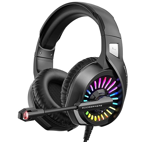 ZIUMIER Gaming Headset with Microphone, Compatible with PS4 PS5 Xbox One PC Laptop, Over-Ear Headphones with LED RGB Light, Noise Canceling Mic, 7.1 Stereo Surround Sound - Black